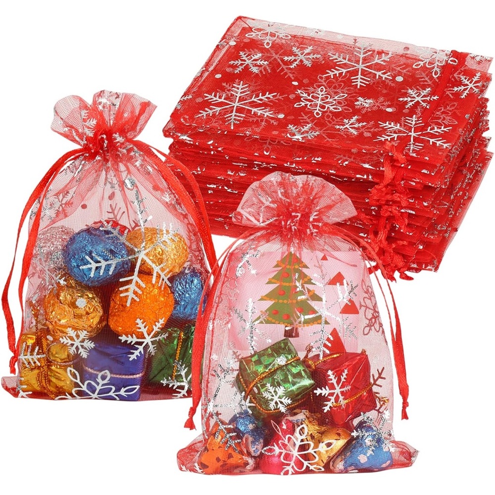 RED & SILVER SNOWFLAKE 🎉25 Organza Bags- 4 x 6 inch